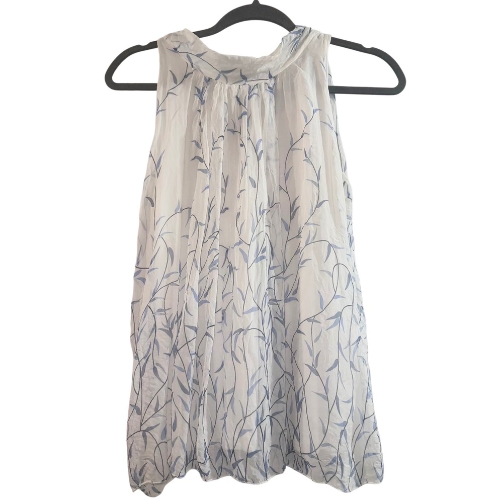 Elena Baldi Made in Italy Silk Tie Back Sleeveless Top White Blue Floral Small